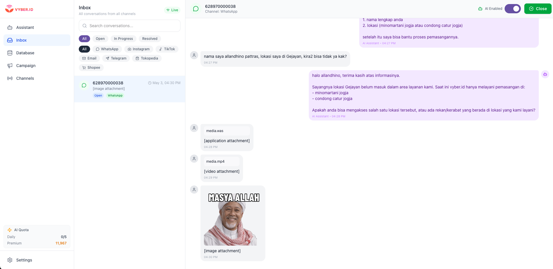 Dashboard CRM Central Admin — Unified Inbox Multi-Channel